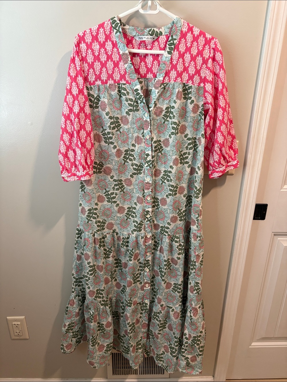 Zara Pink & Green Floral Button-Front Midi Dress